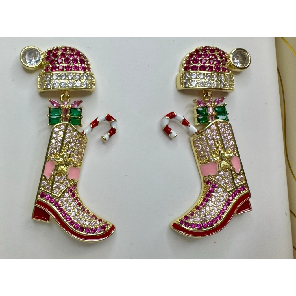 Eye Candy La Gold And Pink Christmas Boot Earrings